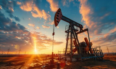 Oil pumpjack working in an open field extracting crude oil under a dramatic sunset sky, highlighting the fossil fuel industry and energy production..