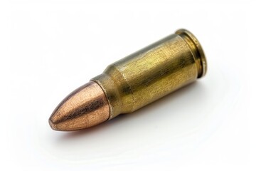 Bullet. Isolated 9mm Caliber Munition on White Background. Army Ammunition Closeup