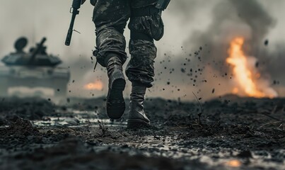 A soldier runs across a battlefield with explosions and fire in the background, showcasing bravery and action during intense combat scenarios