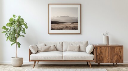 Framed landscape photo above wooden sideboard in mid-century modern living room