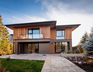 Modern Two Story Home With Large Windows and Wooden Exterior