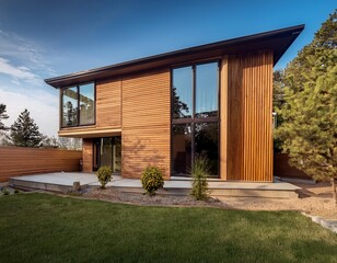 Modern Two Story Home With Large Windows and Wooden Exterior