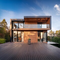 Modern Two Story House With Large Windows And Deck