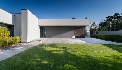 Wall Mural - Modern White House with Grey Concrete Wall and Green Landscaping