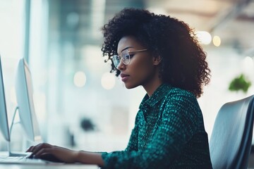 Nice woman hacker sitting in comfortable chair at workstation inside