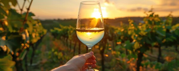 A hand holding a glass of wine surrounded by ripe grapes, set against a serene vineyard landscape, illuminated by a golden sunset