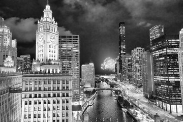 Sticker - Night view of Chicago skyscrapers from city rooftop, fireworks on the background