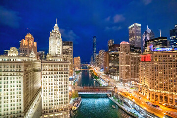 Sticker - Night view of Chicago skyscrapers from city rooftop