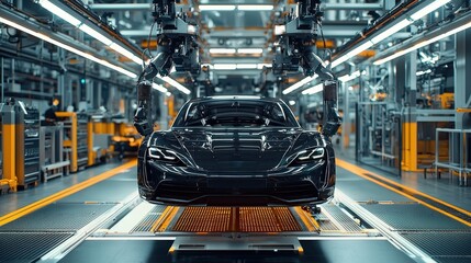 Poster - Robotic arms are skillfully assembling a black sports car in a cutting-edge automotive manufacturing facility