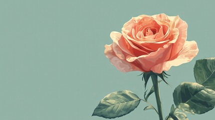 Poster - A delicate pink rose stands tall, showcasing its lush petals and vibrant green leaves, set against a calming pastel background