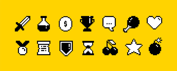 Poster - Retro 8-bit game pixel icons of loot items collection. Vector pixel game icons set of sword, coin, trophy cup. Retro arcade video game trophy and award icons