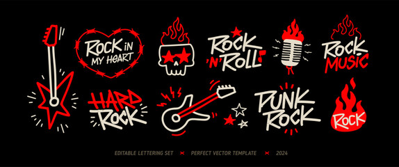 rock music doodle signs and elements vector collection. rock n roll party icons set of rockers guita