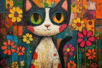Poster - A playful cat with big eyes and bright colors stands amidst colorful flowers, creating a cheerful and artistic ambiance