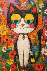 Poster - A colorful cat stands amidst bright flowers, showcasing playful expressions and bold colors in a cheerful garden