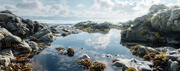 Wall Mural - Exploring tide pools on a rocky shore, 4K hyperrealistic photo