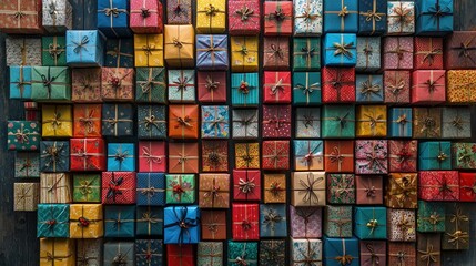 Poster - Colorful, beautifully wrapped gifts are displayed in an organized pattern, evoking a joyful holiday spirit