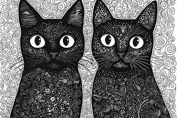 Poster - Two black cats with expressive eyes sit side by side, surrounded by mesmerizing swirling patterns and intricate designs