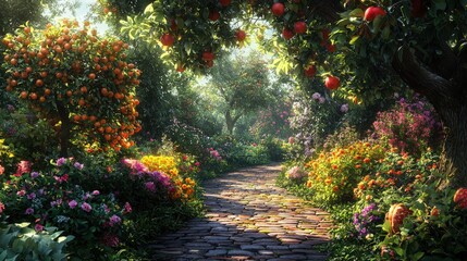 Poster - A picturesque walkway meanders through a flourishing garden filled with fruit trees and blooming flowers under soft sunlight