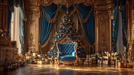 Wall Mural - A grand room featuring an ornate Christmas tree adorned with blue decorations alongside beautifully wrapped gifts