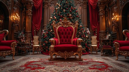 Poster - Elegant throne chairs surrounded by opulent decor and a stunning Christmas tree adorned with colorful ornaments create a festive atmosphere