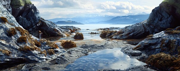 Wall Mural - Rocky tide pools at low tide, 4K hyperrealistic photo