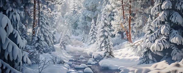 Wall Mural - Snow-covered forest in winter, 4K hyperrealistic photo