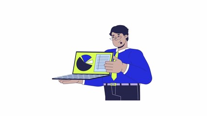 Poster - Male employee holding laptop pie chart line 2D character animation. Data analysis flat color cartoon 4K video, alpha channel. Arab man office worker analyst animated person on white background