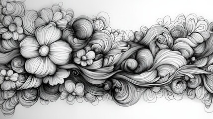 Poster - A detailed floral design features swirling lines and shapes, blending flowers and curls in a monochromatic style