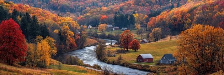 Sticker - Vibrant autumn foliage surrounds a flowing river meandering through peaceful hills and quaint rural homes