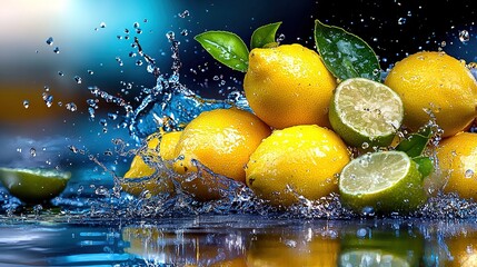 Wall Mural -   A group of lemons is falling into the water while limes rest beside it and green foliage floats above