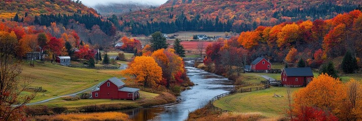 Poster - Colorful autumn foliage surrounds red barns and a peaceful river in a scenic rural landscape
