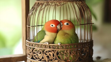 Lovebirds Cuddling in Ornate Decorative Birdcage