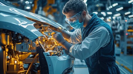 Poster - A technician wearing protective gear works intently on the engine of a car in a busy manufacturing plant