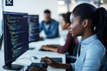 Poster - an office table with two programmers working on laptops