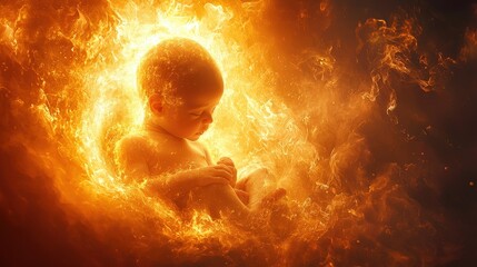 Fototapete - An infant nestled in vibrant flames, symbolizing the fusion of life and energy in a celestial environment