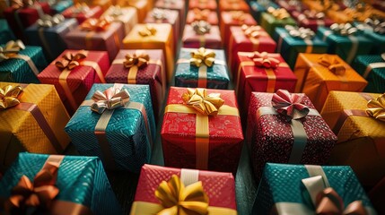 Poster - Numerous vibrant presents adorned with bows are arranged closely, creating a cheerful atmosphere for holiday festivities