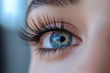 Poster - A woman's eye displays a striking blue iris, long eyelashes, and a hint of reflection from nearby surroundings