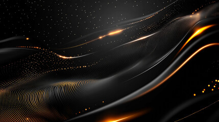 A black, modern, wide abstract technology background featuring glowing, high-speed light effects and movement. This vector illustration emphasizes dynamic, futuristic elements with a sleek .