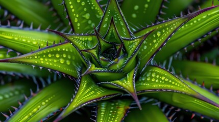   A close-up view of a green plant with water droplets on its leaves and the center of the plant