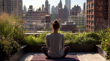 Mindful Breathing Exercises on Rooftop Garden Overlooking City Skyline