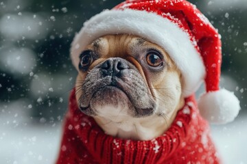 Sticker - A pug dressed in a Santa hat and cozy red sweater enjoys a snowy day, capturing the holiday spirit with its adorable expression