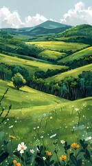 Spring green rural fields flat illustration poster background