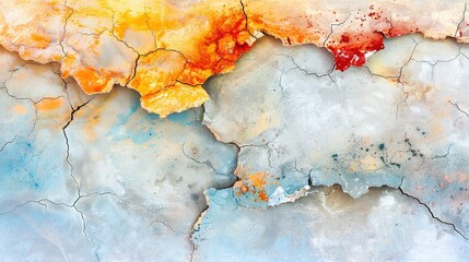 Wall Mural -   An abstract painting depicts a cracked surface, featuring splattered orange and yellow paint at its top and bottom