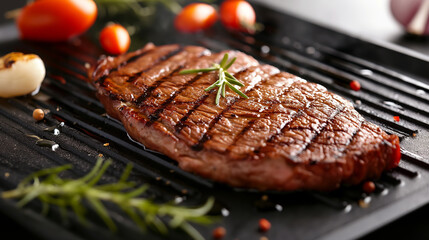 A piece of steak is on a grill with some herbs and tomatoes on top