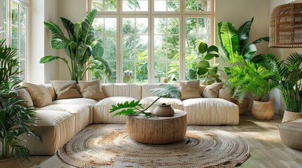 Wall Mural - This bright living room features a cozy sectional sofa surrounded by lush plants and a wooden coffee table, creating a serene and inviting atmosphere