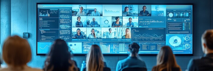 Poster - A group of professionals participates in a meeting while engaging with a large display showing various data visualizations and video calls