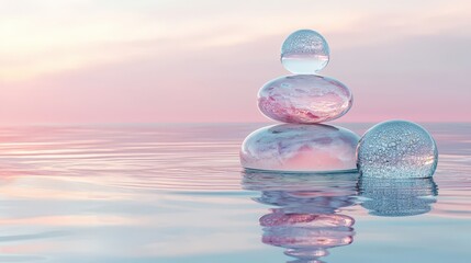 Poster - Glass pebbles are stacked gracefully in calm water, reflecting beautiful pastel colors of the sunset in a serene environment