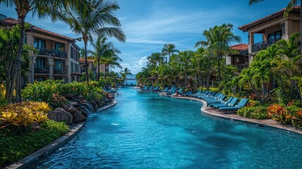 Poster - A winding pool at a tropical resort is lined with palm trees and vibrant plants, inviting relaxation under the bright afternoon sun