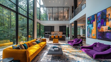 Poster - A spacious living room showcases vibrant furniture and large windows, offering a view of the surrounding forest and natural light