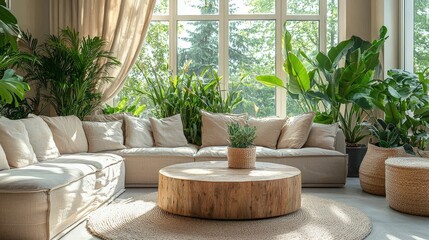 Poster - A spacious living room features a large sectional sofa surrounded by plants and a wooden coffee table, illuminated by sunlight streaming through the windows